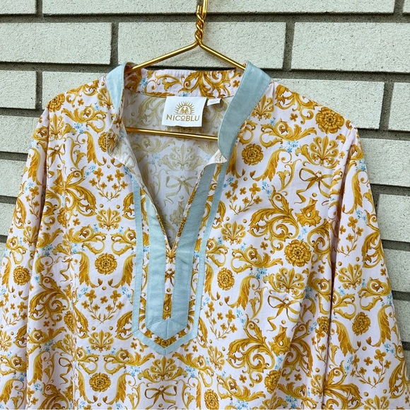 NicoBlu Capri Tunic Blush Pink Gold French Regency Ribbon Print Cotton XL Boho - Picture 2 of 10